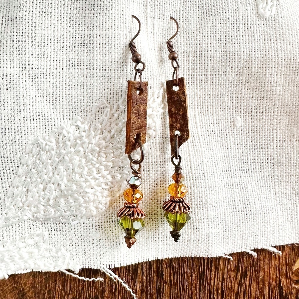 Swarovski Crystals and Leather‎ EarringsLong Green Orange Handmade